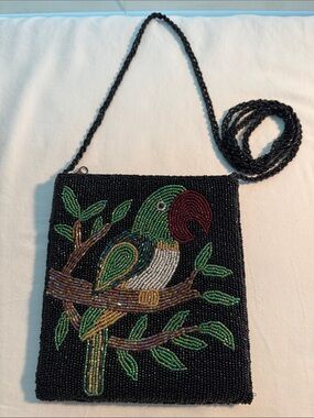 Ermo Beaded Parrot Crossbody Bag in Black and Green